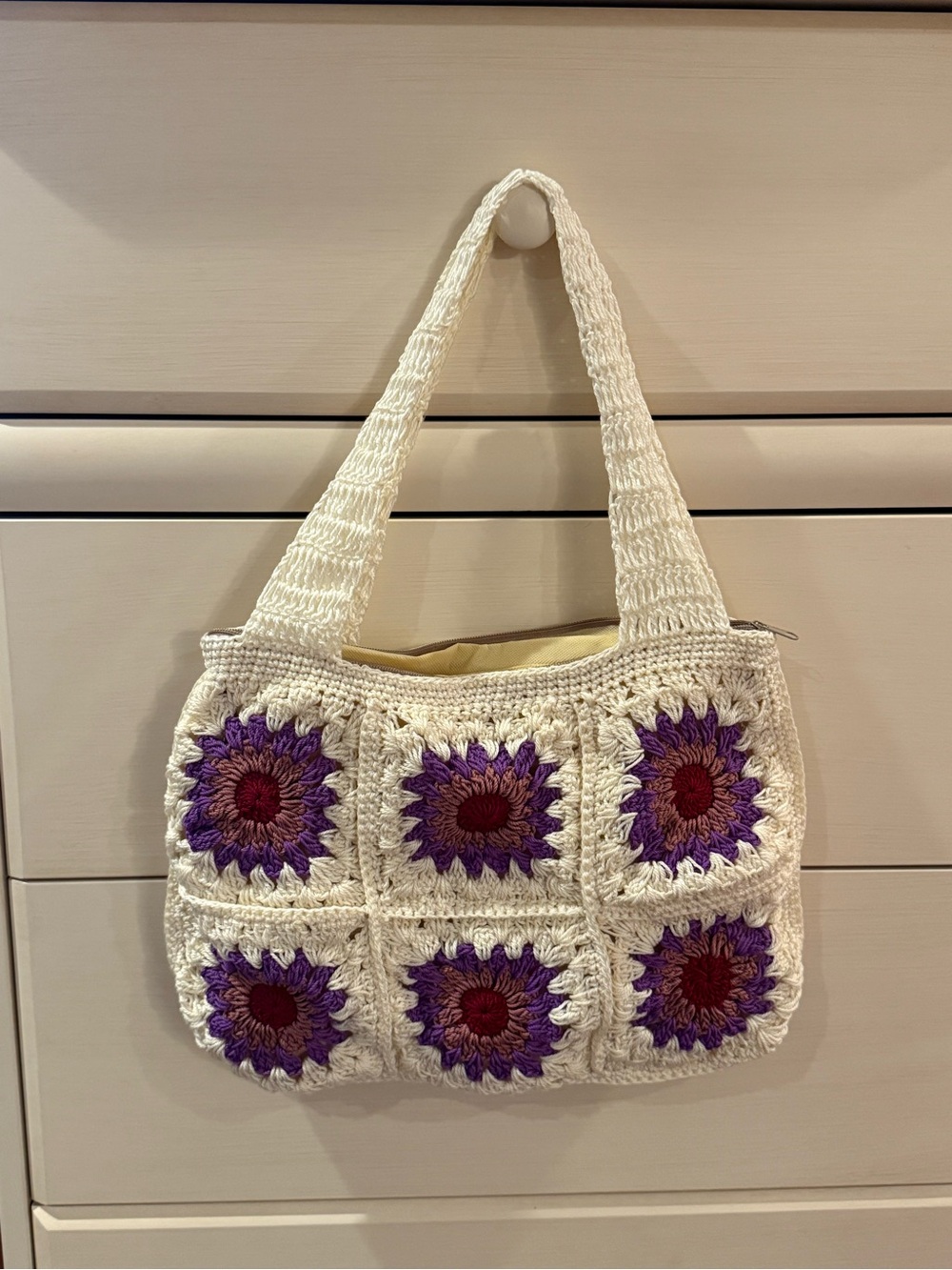 HANDMADE CROCHET Cream Shoulder Bag with Purple Flower Squares